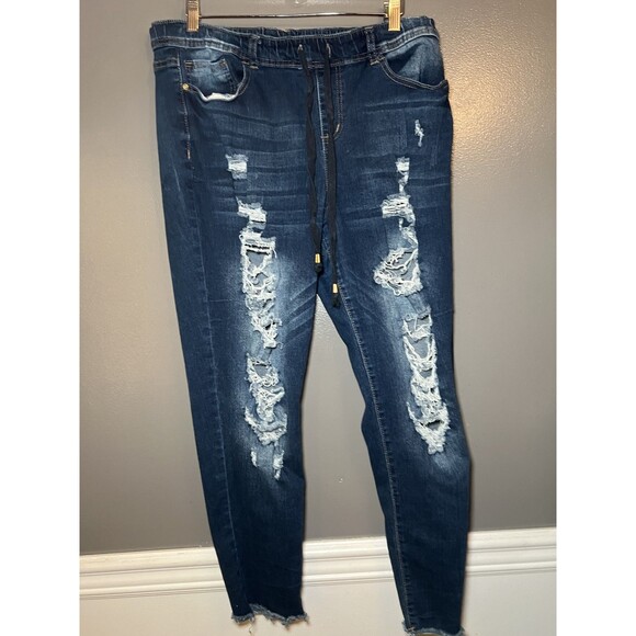 Elite Jeans Jeans Womens XL Blue Distressed Skinny Stretch Drawstring Denim - Picture 2 of 9